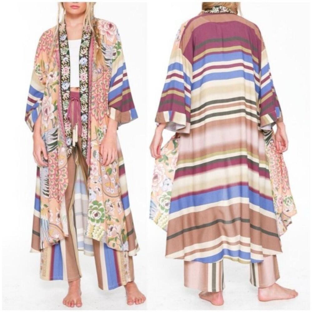 Aratta Silent Journey Women Kimono Duster Floral Striped Boho Hippie Beach Artsy